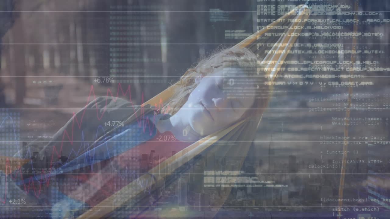 하마크에 앉은 백인 여성에 대한 디지털 데이터 처리 애니메이션