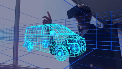 Animation-Einer-Digitalen-3D-Zeichnung-Eines-Autos-über-Einem-Mann-Mithilfe-Eines-VR-Headsets