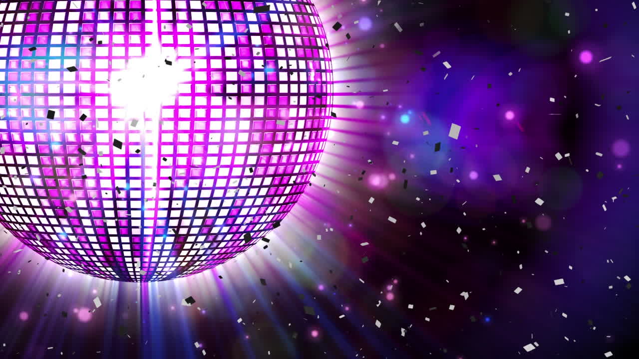 Animation of confetti falling over spinning disco ball on black background