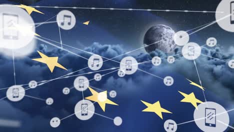 Animation-of-network-of-connections-of-icons-over-european-union-flag-and-clouds