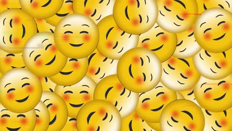 digital animation of multiple blushing face emojis falling against tv static effect