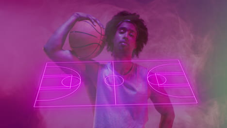 animation of pink basketball court over african american male basketball player holding ball