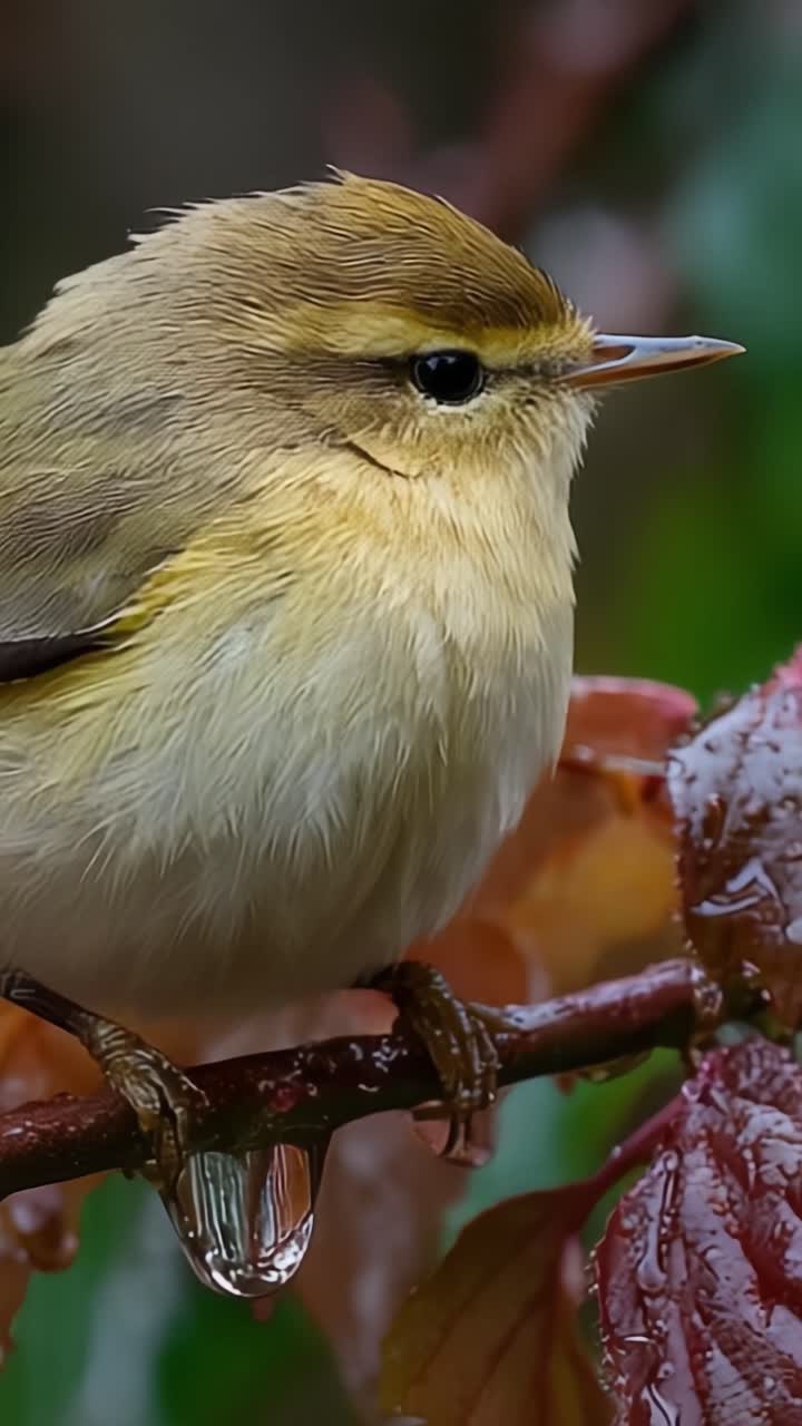 A Beautiful Close-Up of a Small Bird Perched on a Raindrop-Embellished Branch Surrounded by Vibrant Autumn Leaves, Capturing Nature's Serenity and Color