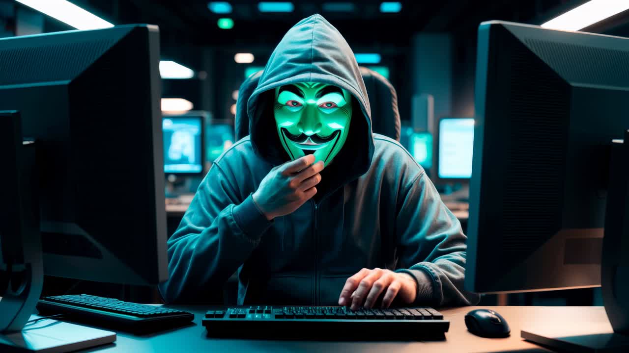 A cyber hacker is depicted in action wearing an iconic mask while using dual monitors