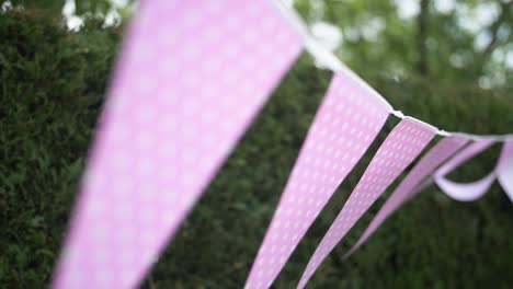 nice pink party flags hanging and moving wiuth the wind in a garden party event in summer