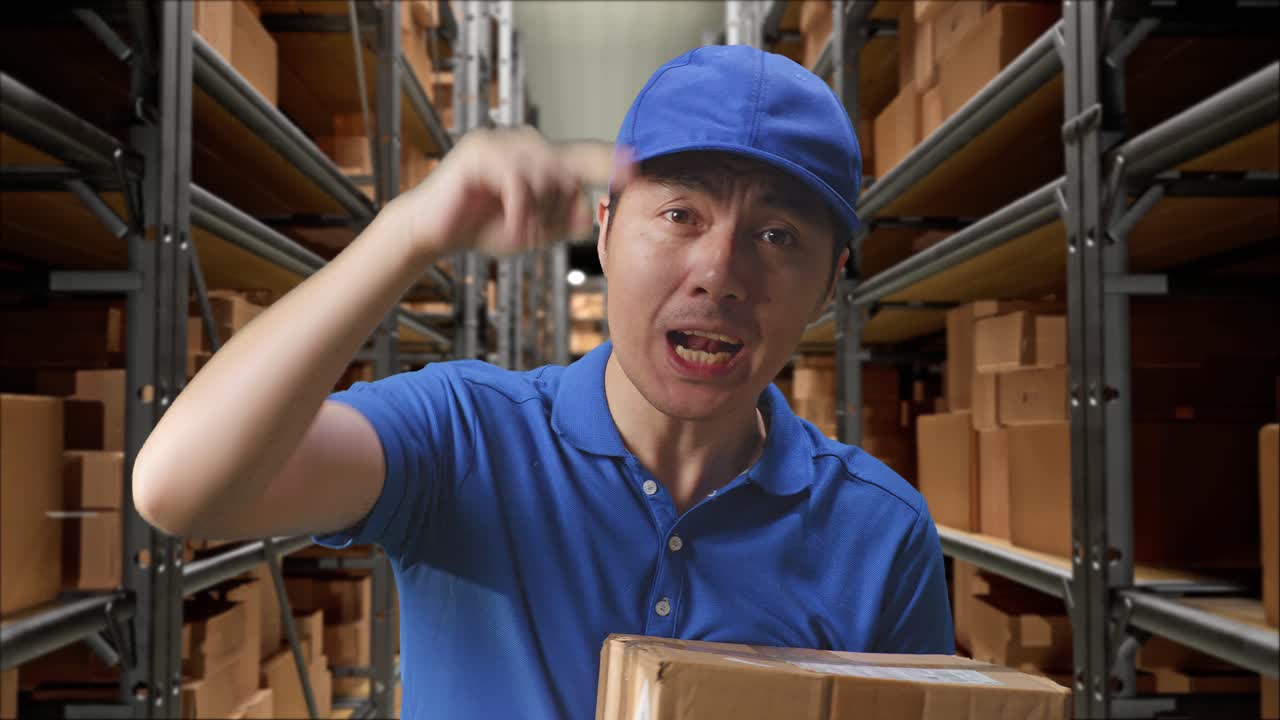 창고에서 상자를 배달하는 동안 카메라에 소리치는 파란 유니폼을 입은 불만족한 아시아 남성 택배인의 클로즈업