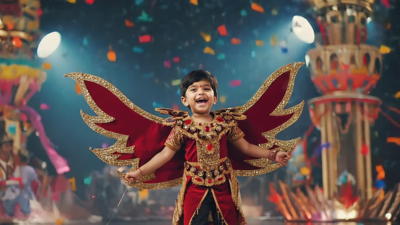 Child in festive costume with wings celebrating