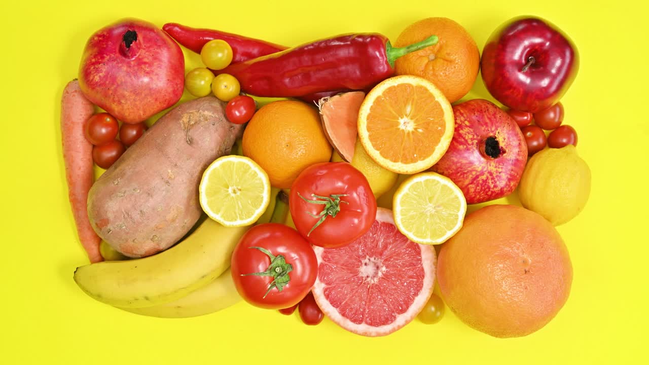 Red healthy diet fruits and vegetables on yellow background. Stop motion. Flat lay food concept