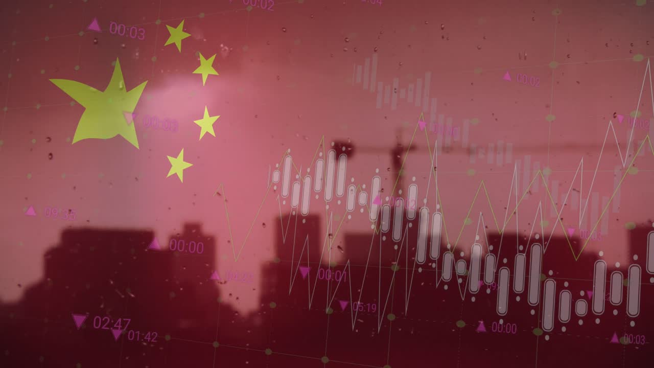 중국  ⁇ 발의 애니메이션과 도시 풍경 위의 데이터 처리