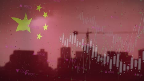 animation of flag of china and data processing over cityscape
