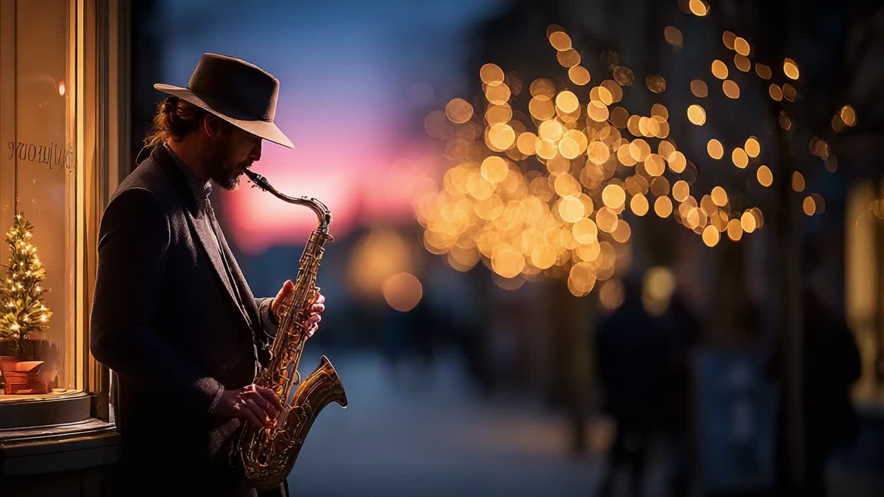 A soulful street musician captivates the evening crowd, playing a beautiful saxophone melody as twinkling lights and a warm sunset backdrop create a magical atmosphere of music and ambiance