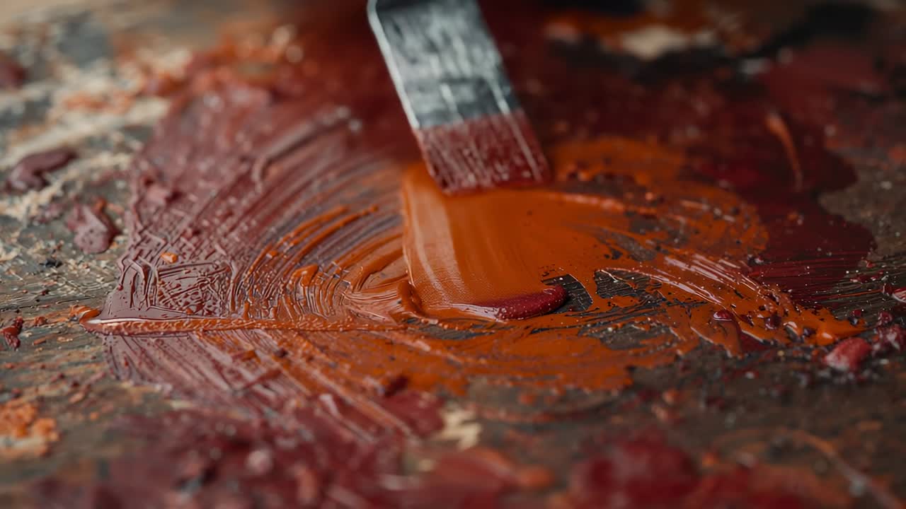Toccando una massa arancione, una spatola metallica solleva e stende la pittura sulla tavolozza dello studio, miscelando