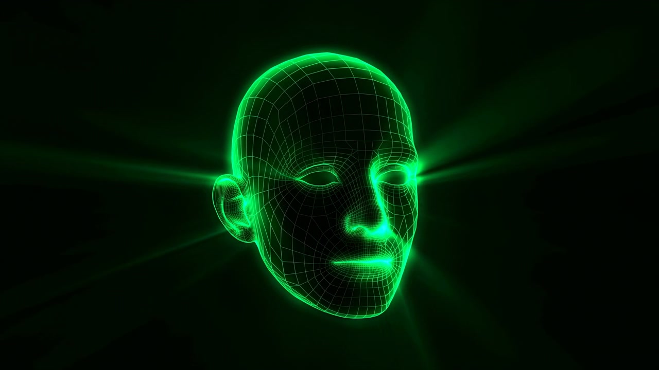 Luminous facial mesh turns steadily until nearly front facing, while bright green outlines trace eyes, nose, mouth, ears, and skull and narrow light rays spread through dark space.