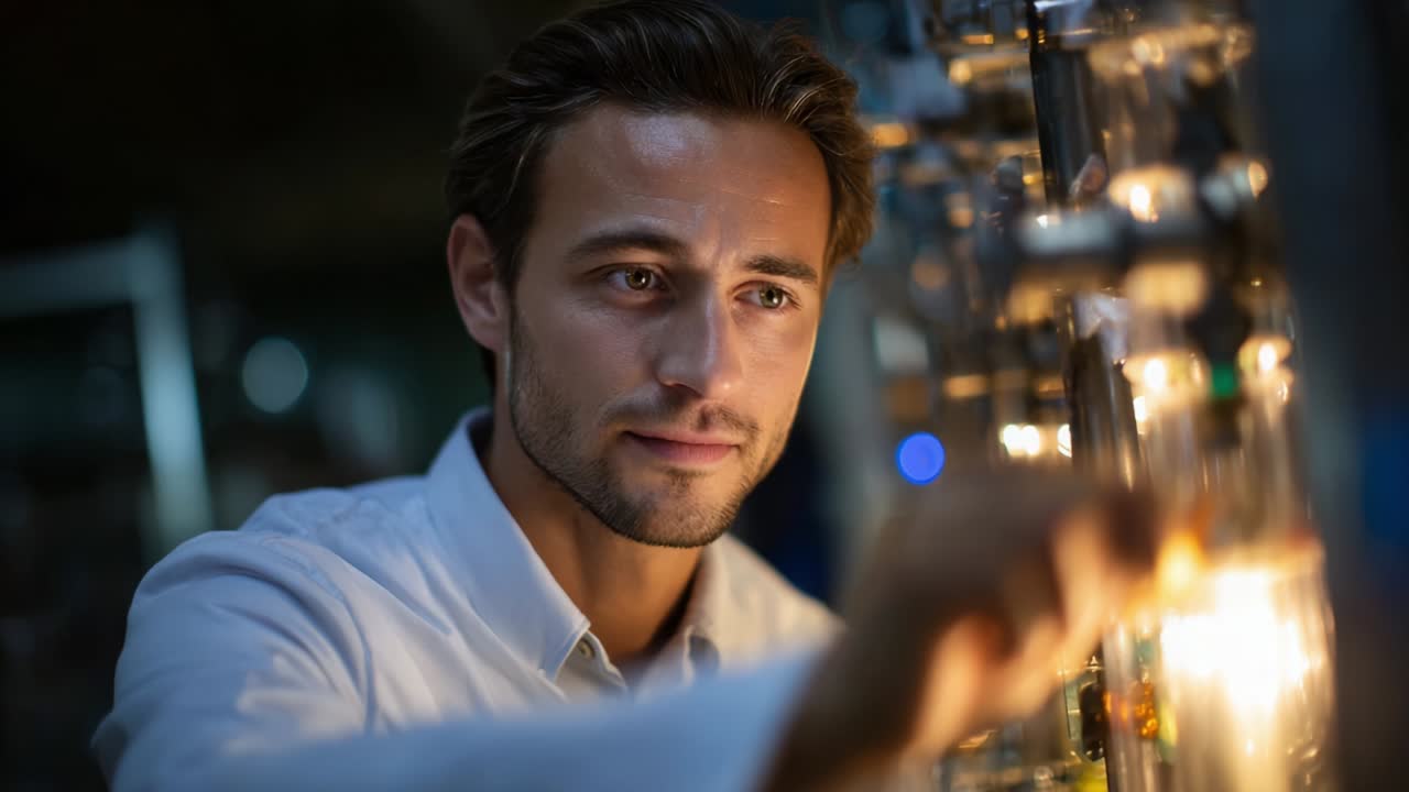 Focused technician analyzing advanced machinery and illuminated equipment in a dimly lit laboratory, showcasing a blend of innovation and scientific inquiry with a look of deep concentration and insight