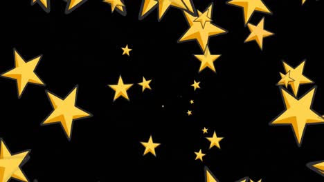 Animation-of-gold-stars-moving-and-flashing-on-black-background