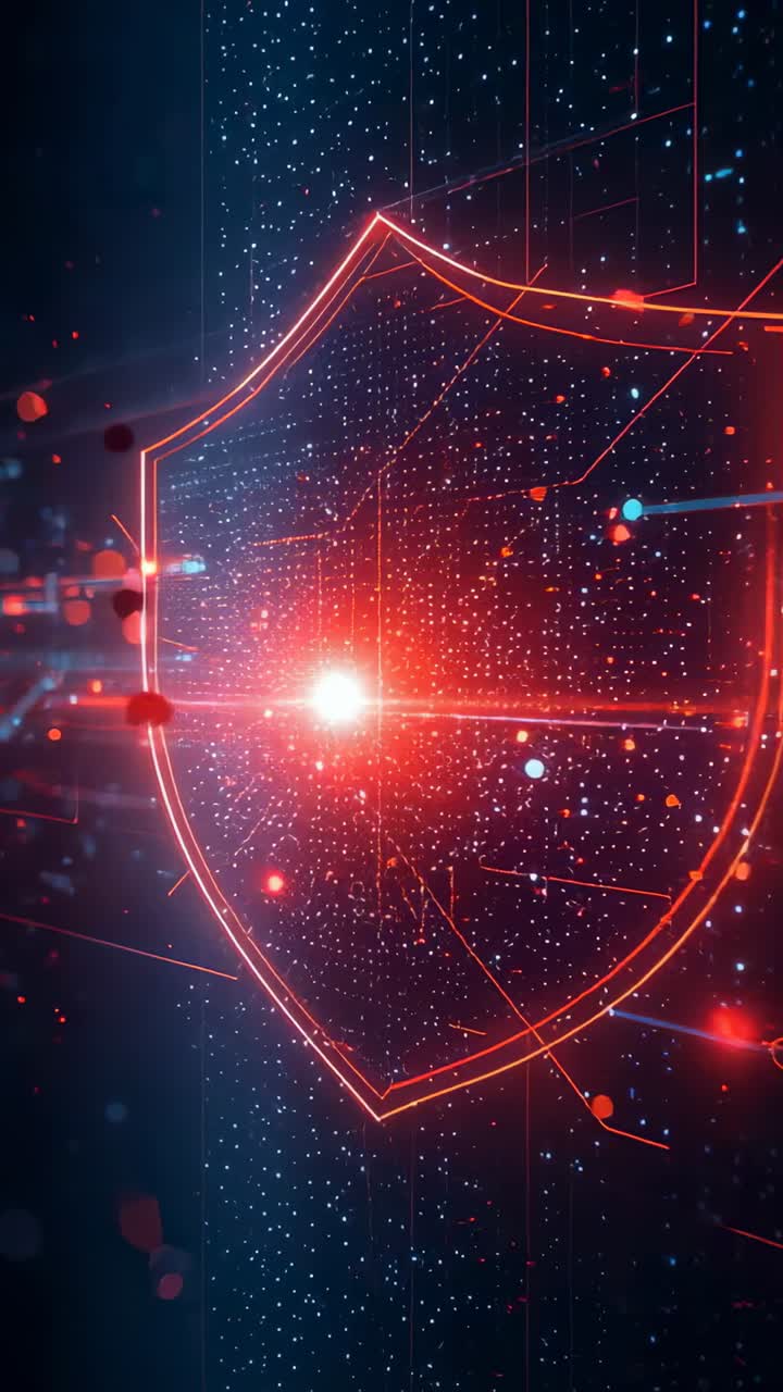 Vertical video: Rising central flare driving neon-red shield pulsing in dark grid, nodes sparking
