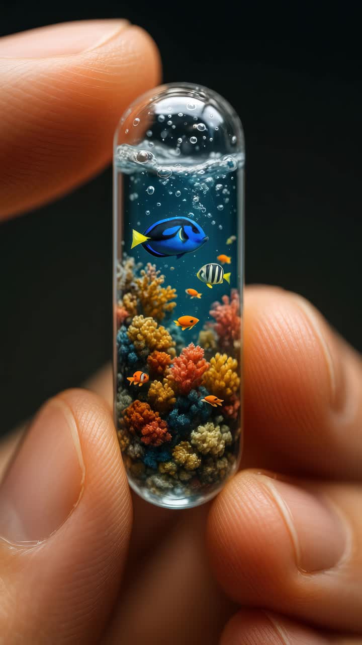 Close-up shot of a hand holding a capsule with a mini underwater scene, featuring vibrant coral