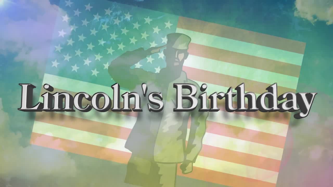 Animation of lincoln's birthday text over soldier silhouette, sky and american flag