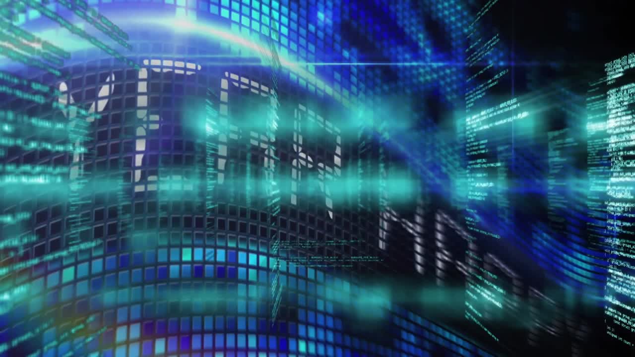 Animation of data processing over happy new year text banner over blue mosaic squares