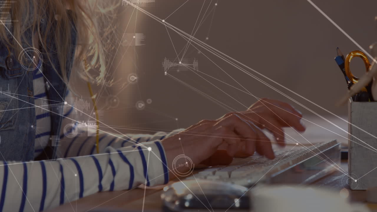 Animation of data processing over caucasian businesswoman using computer