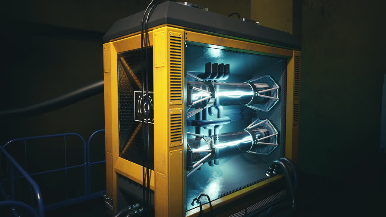 Futuristic energy generator illuminated in a dimly lit industrial setting