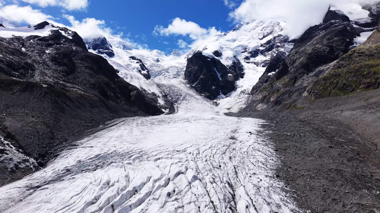 Aerial view of Morteratsch Glacier in Switzerland on a sunny day