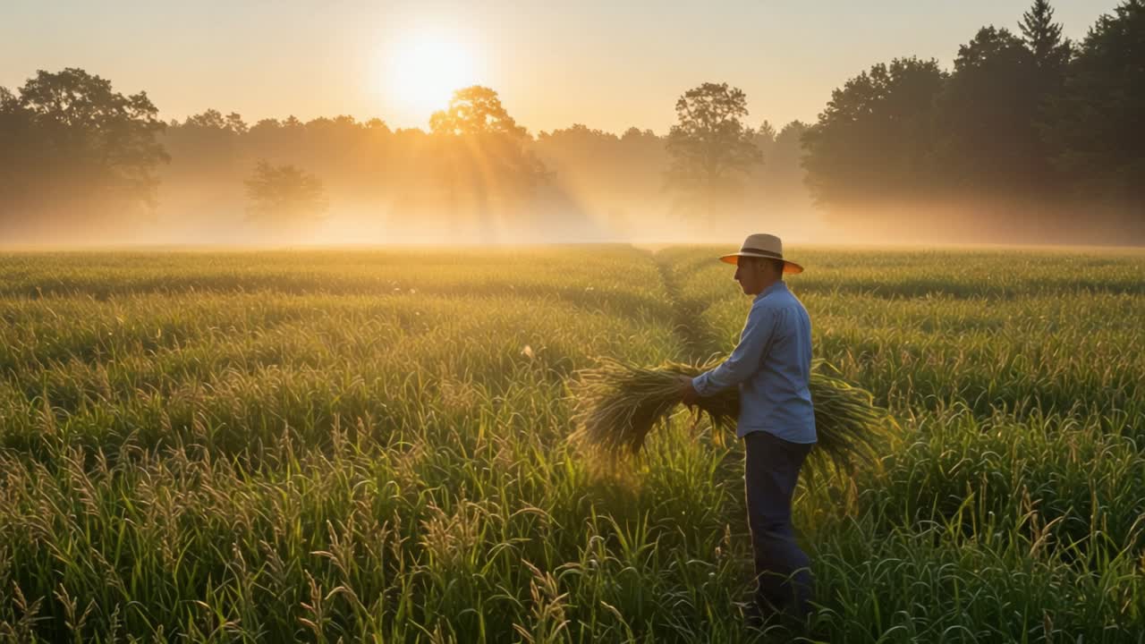 A farmer gathers ripe crops during a serene sunrise, showcasing the beauty of a misty morning in a lush, green field, embodying agricultural tradition and hard work