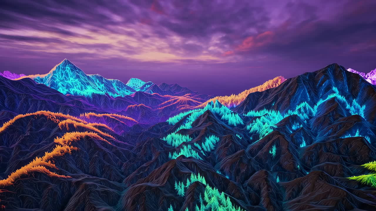 Vibrant Neon Mountain Landscape with Luminous Flora