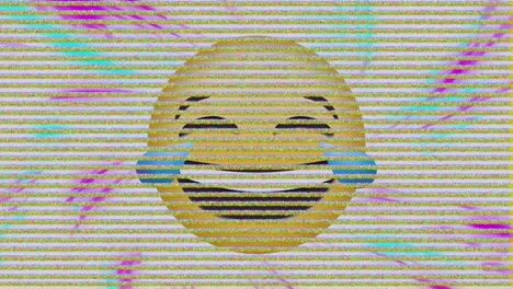 Statischer-TV-Effekt-über-Lachendes-Gesichts-Emoji-Vor-Digitalen-Wellen-Auf-Weißem-Hintergrund