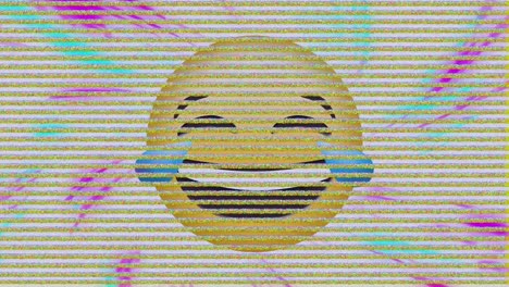 efecto estático de la televisión sobre el emoji de la cara riendo contra las ondas digitales sobre un fondo blanco