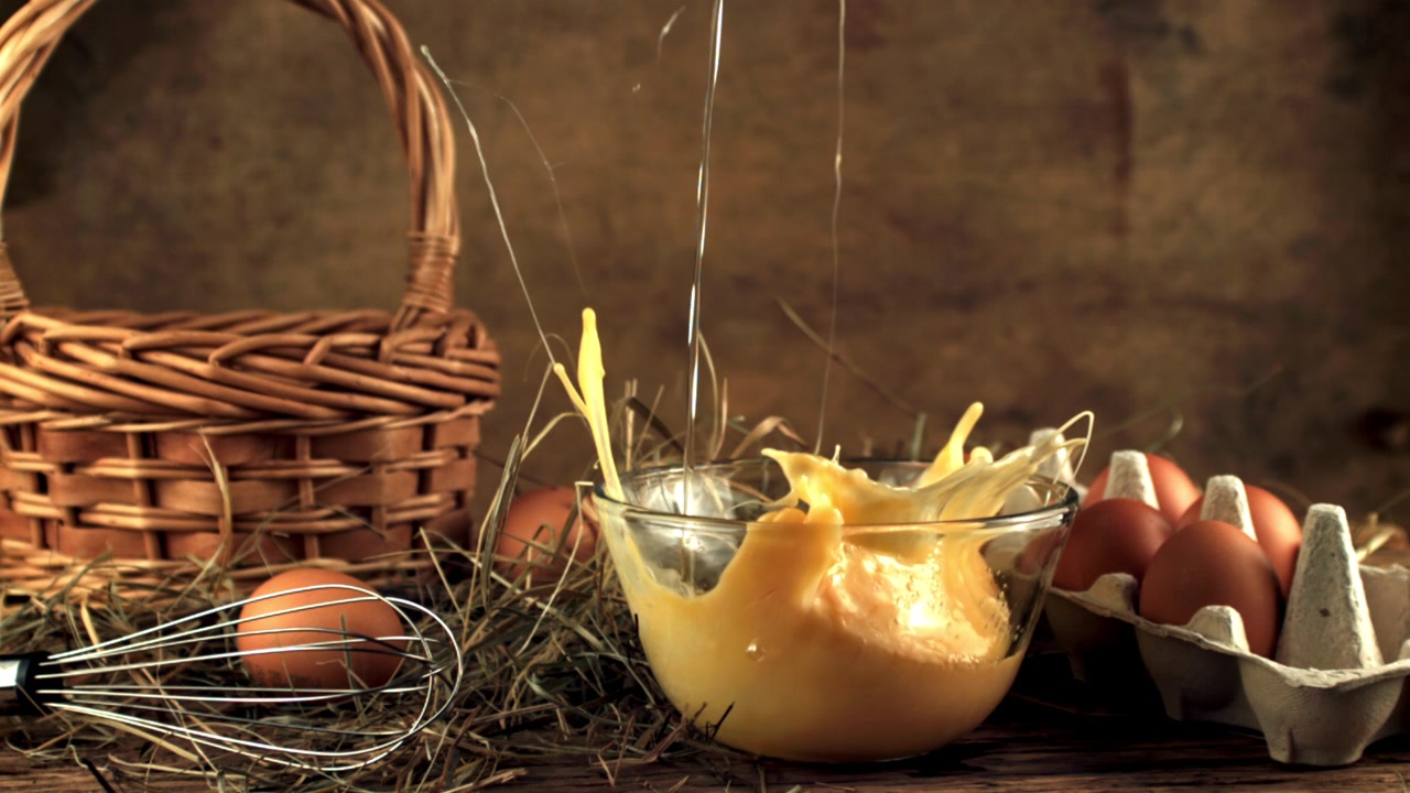 Slow Motion of Fresh Egg Yolk and White Falling into Glass Bowl