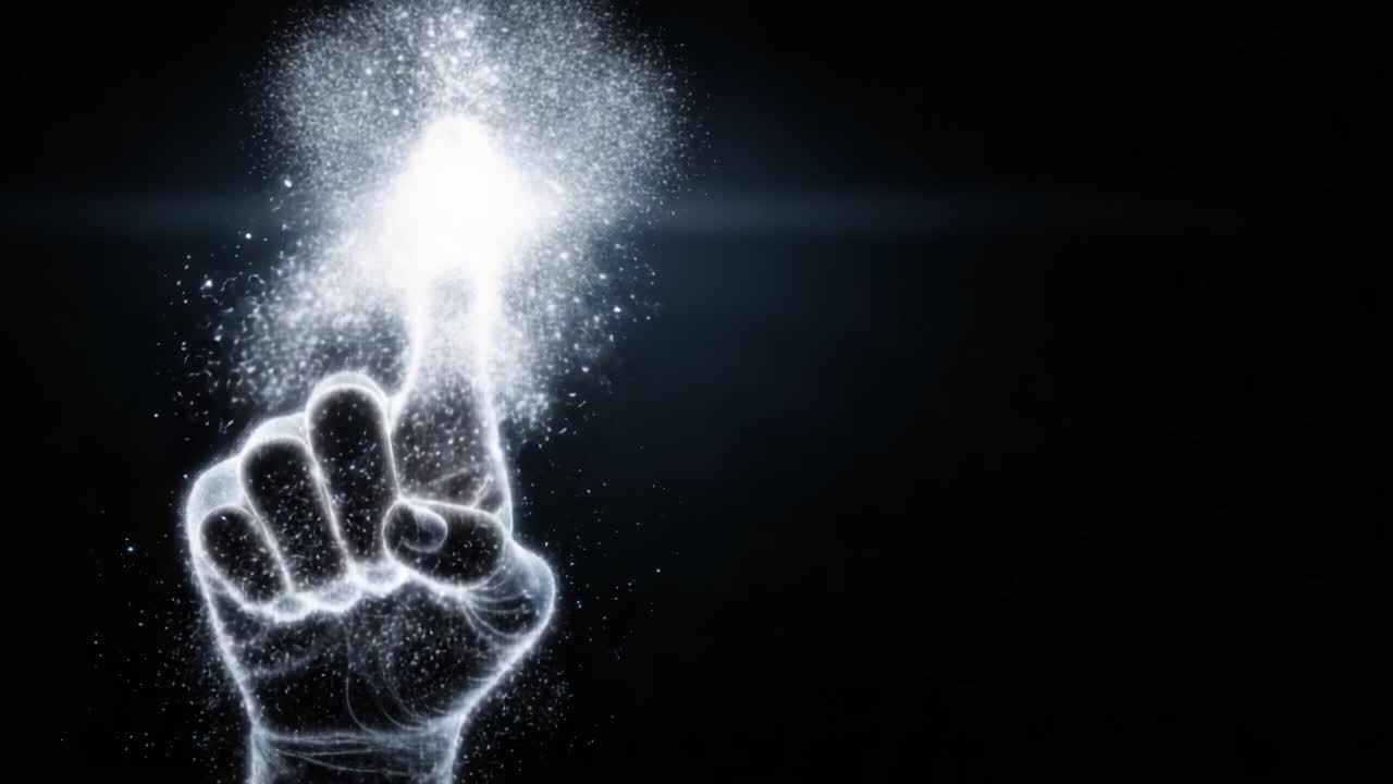 Eine Hand, die Aufmerksamkeit signalisiert und die Essenz der Kommunikation durch Licht und Energie verkörpert, eingefangen in einem mystischen und ätherischen Stil vor einem dunklen Hintergrund.