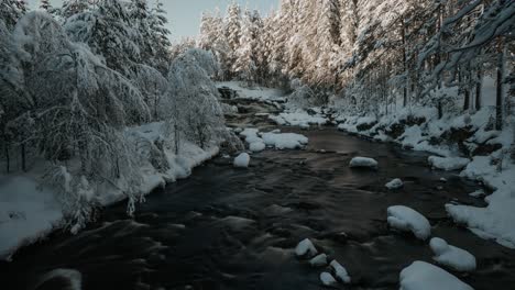 Verkleinern-Des-Zeitraffers-Des-Waldflusses-Mit-Felsen-Mit-Schneebechern-Und-Schneebedeckten-Bäumen