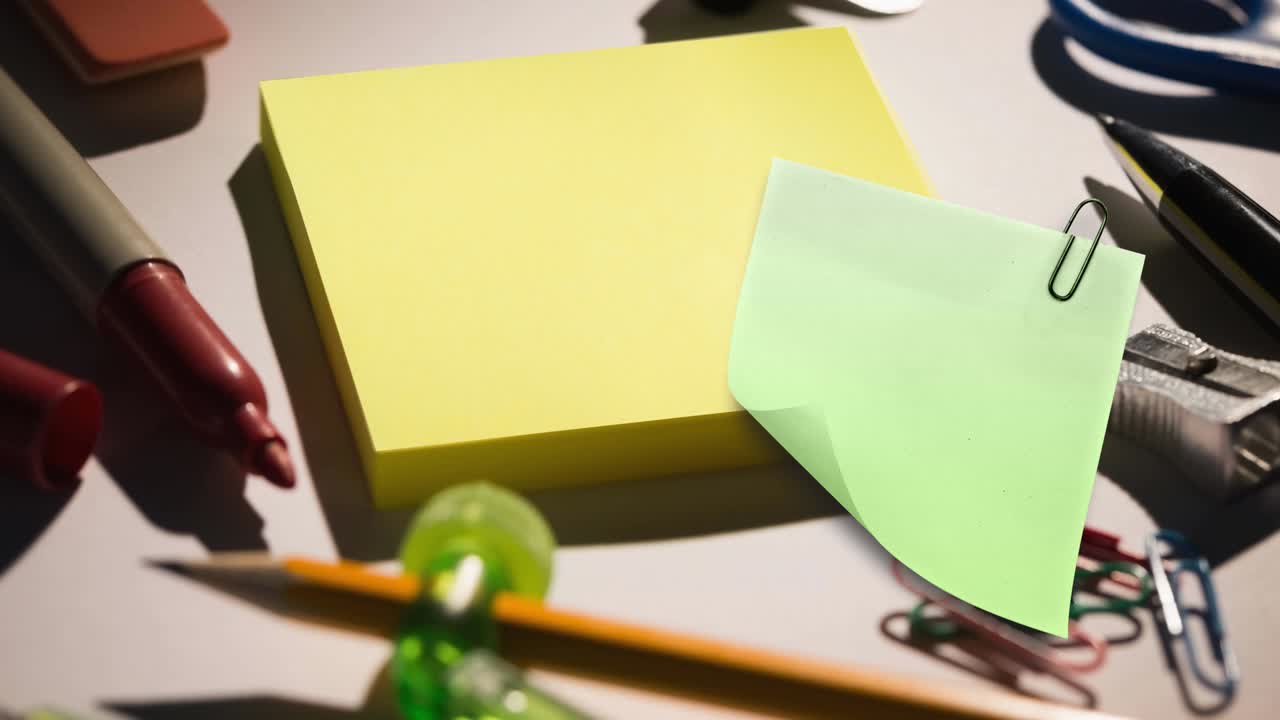 Animation of memo note with copy space over stationery items on desk