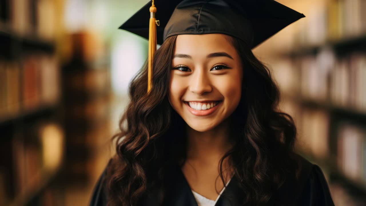 A joyful graduate in cap and gown smiles with eyes closed. Captured at eye level, the video conveys