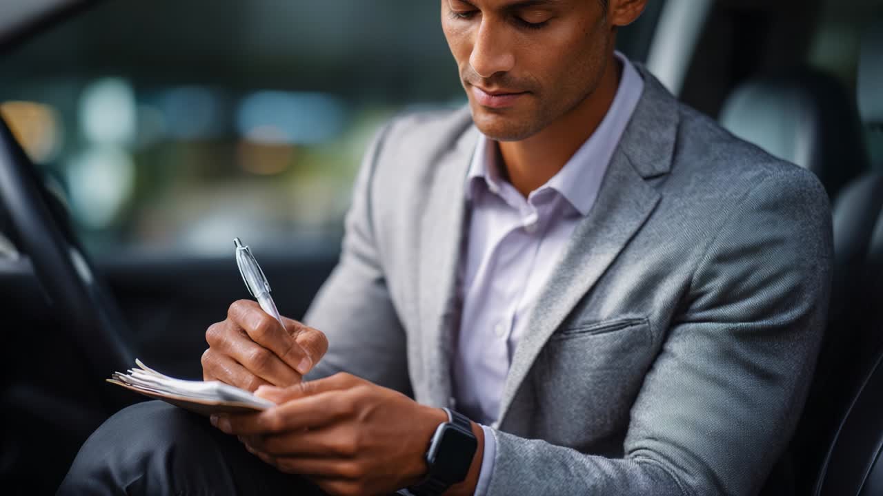 Focused Professional Writing Notes in a Car, Capturing Thoughts and Ideas with a Pen, Demonstrating Concentration and Intentionality in a Stylish Setting