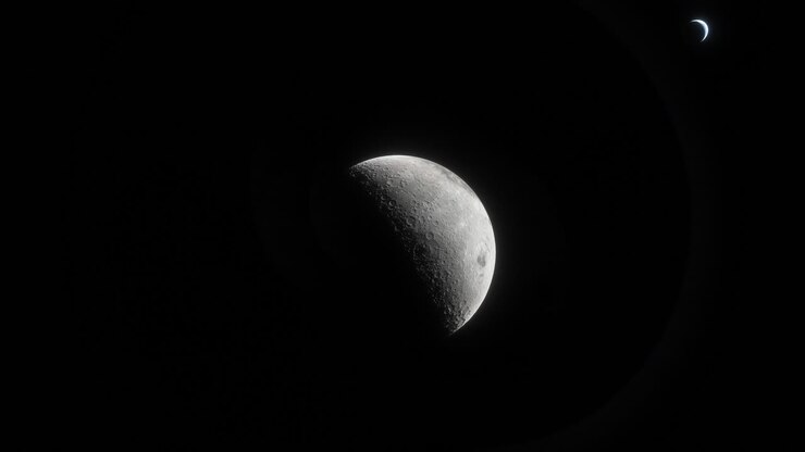 Uma animação 3D 4K de alta qualidade da nossa Lua orbitando lentamente o planeta Terra, vista do alto da órbita.
