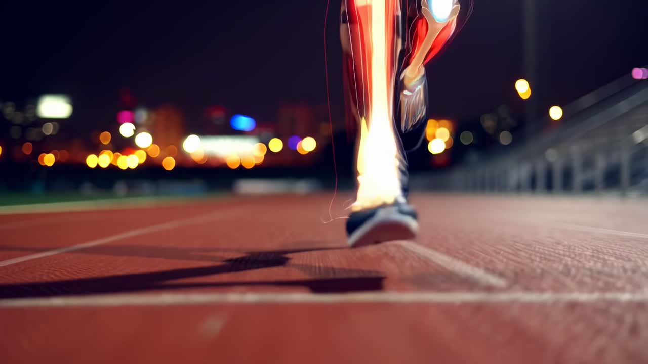 Low-angle video concept of a runner with highlighted bones, capturing motion and energy