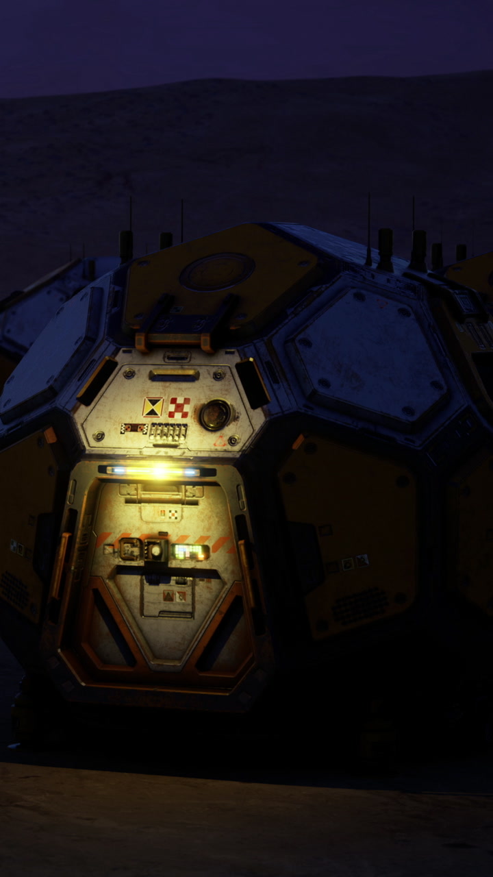 Exploring a sci fi habitat capsule under the moonlit desert sky