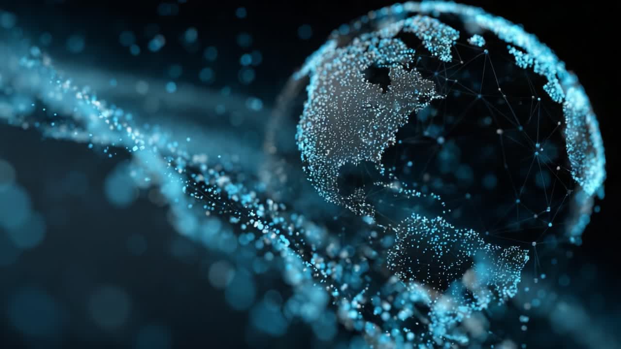 A Stunning Visualization of a Digital Earth Created from Dazzling Blue Particles, Representing a Networked Globe in a Dynamic Cosmic Environment