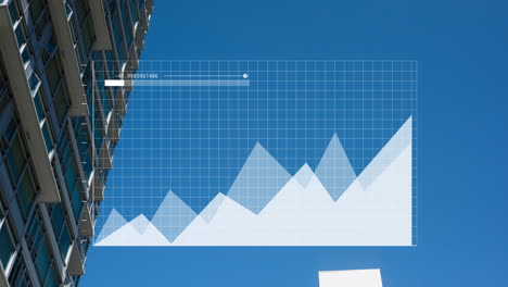 animación del procesamiento de datos financieros sobre el edificio y el cielo.