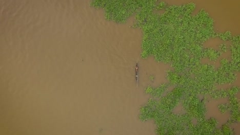 Vista-Aérea-De-Una-Pequeña-Canoa-Indígena-Cruzando-Un-Montículo-De-Algas-Flotantes-En-El-Río-Orinoco