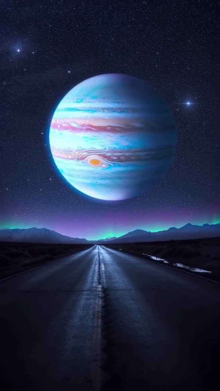 Surreal video concept of a giant planet over a road, captured from a low angle at night