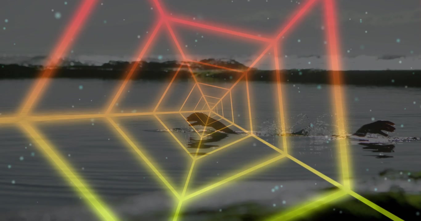 Stepping female swimmer swimming across center, making wakes while neon web advancing to mark path