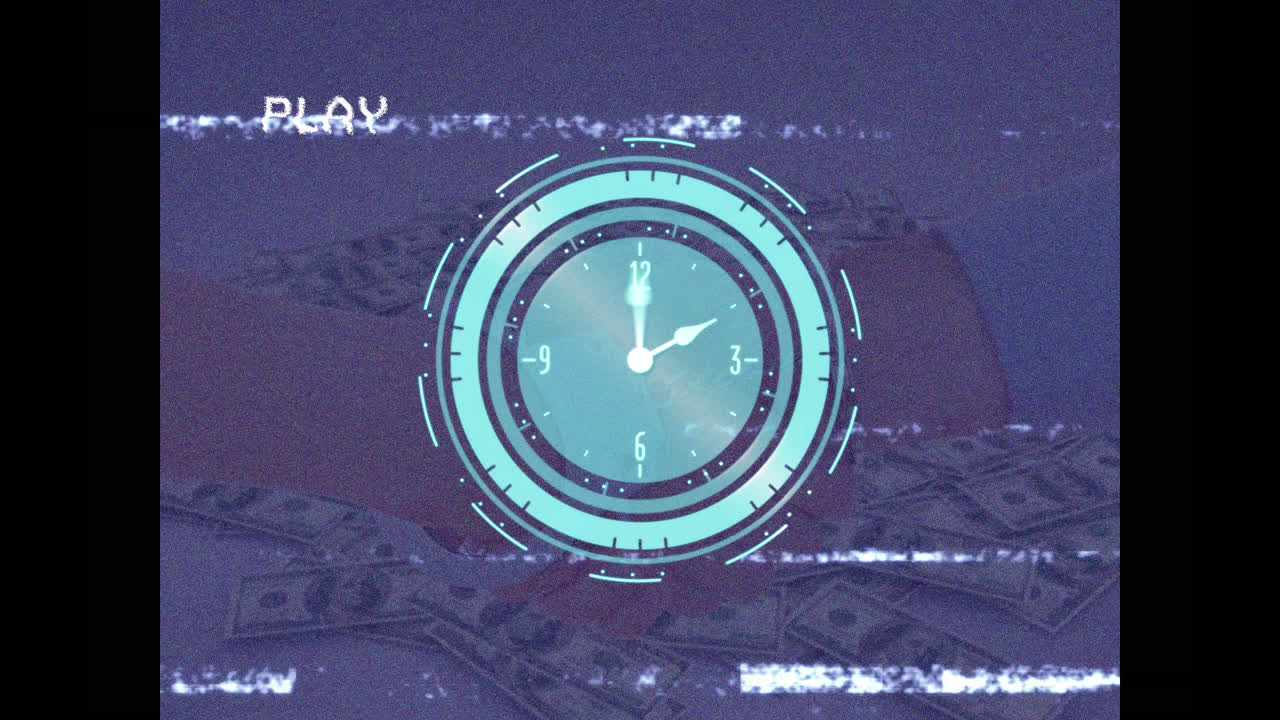 Animation of vhs glitch effect and ticking clock over businessmen shaking hands and us dollar bills