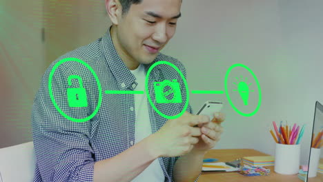 스마트 폰을 사용하는 아시아 사업가에 대한 디지털 아이콘과 연결 네트워크의 애니메이션