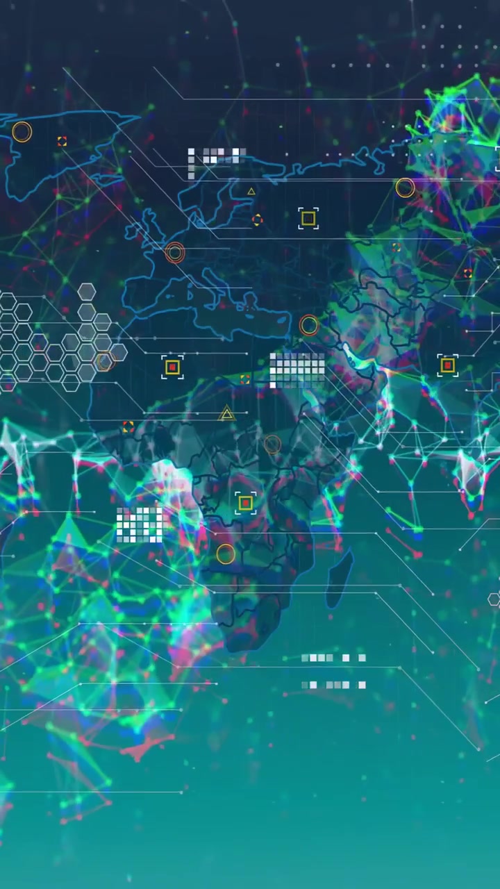 Vertical video: Holographic map pulse-triggered, mesh drifting and HUD aligning to show global data