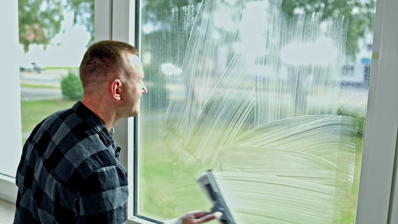 Mann i skjorte vasker vinduer hjemme. Renholdsleder vasker vinduer profesjonelt. Husrengjøring