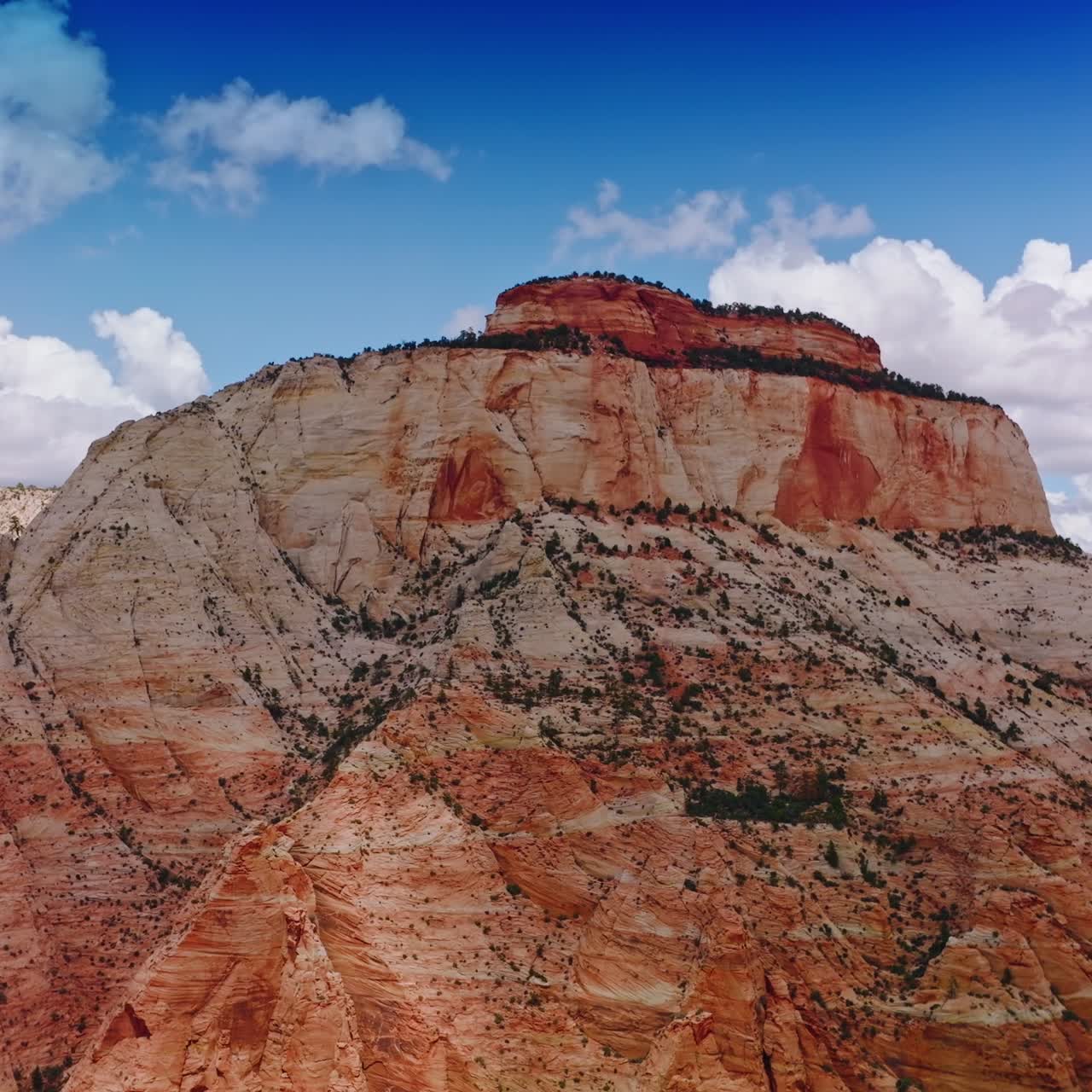 Wonderful huge rock with flat top and little greenery on. Amazing canyon of Zion National Park in Utah, USA at the backdrop of blue sky with white clouds