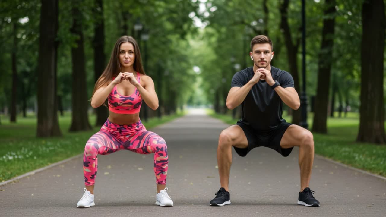 Dynamic Duo Engages in Intense Workout Routine Featuring Squats, Showcasing Strength, Coordination, and Fitness in a Scenic Park Environment